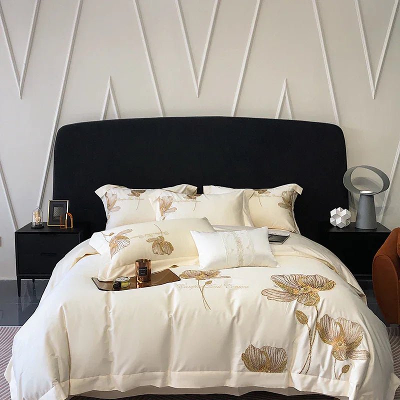 Cotton Satin Flower Embroidery Duvet Set - myhomestore.com.pk