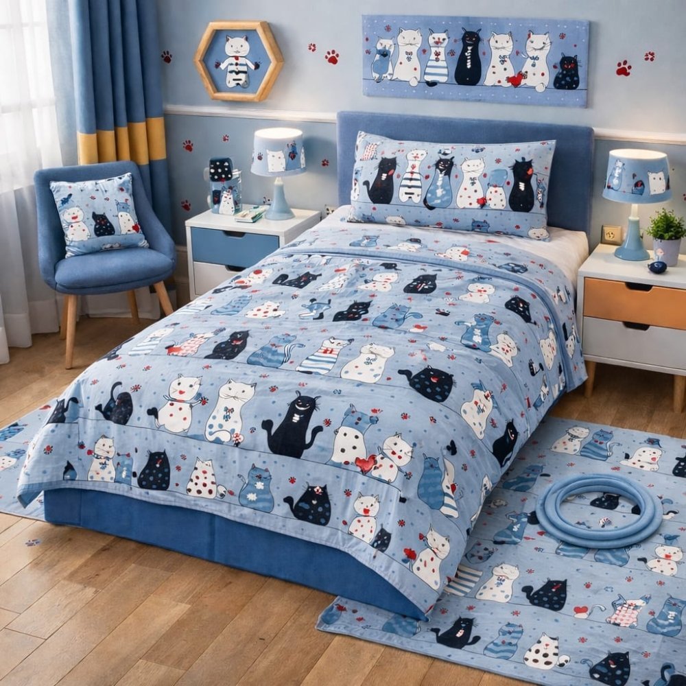 Cute Cat Printed Kids Bed-sheet - myhomestore.com.pk