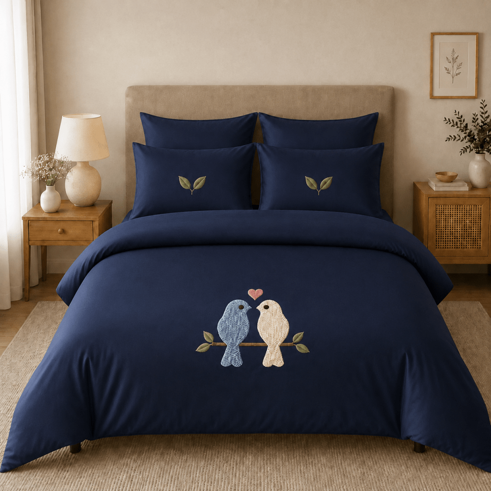 Cute Love Birds Nature Embroidered Bedding Set - myhomestore.com.pk