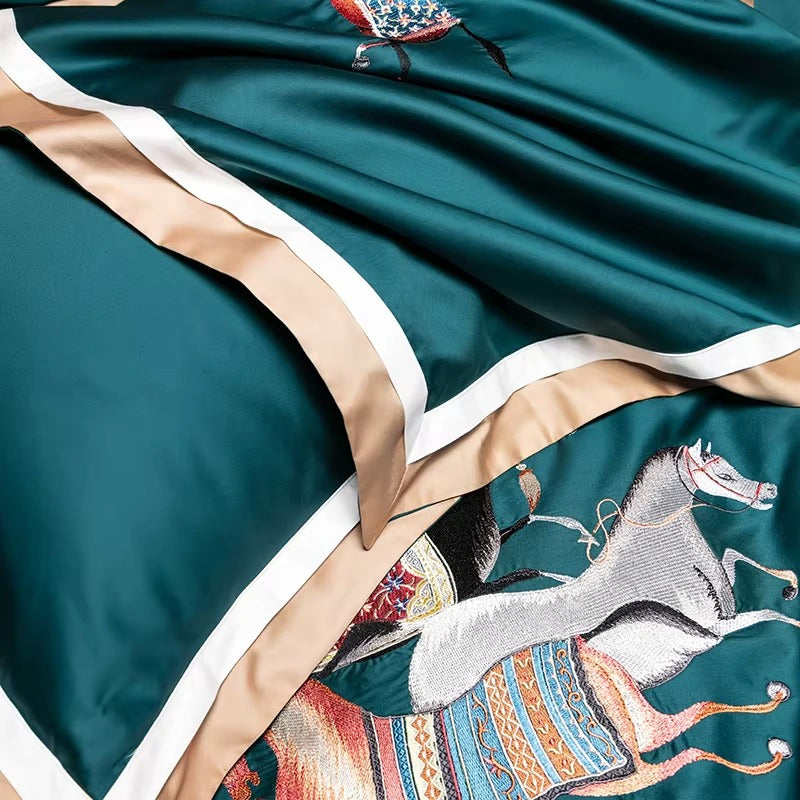 Elegant Horse Motif Embroidery Duvet Set