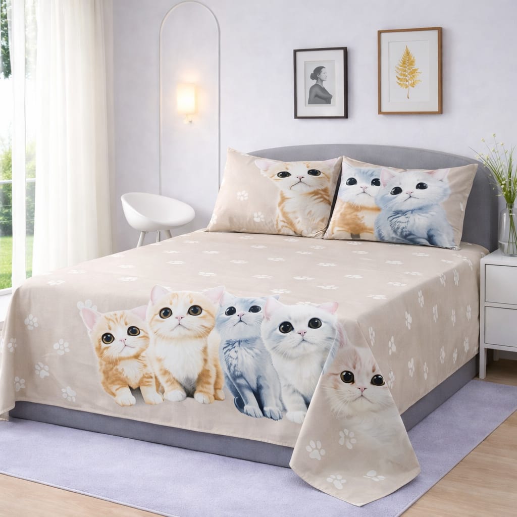 Cute Cat Printed Bedsheet  – King Size Bedding