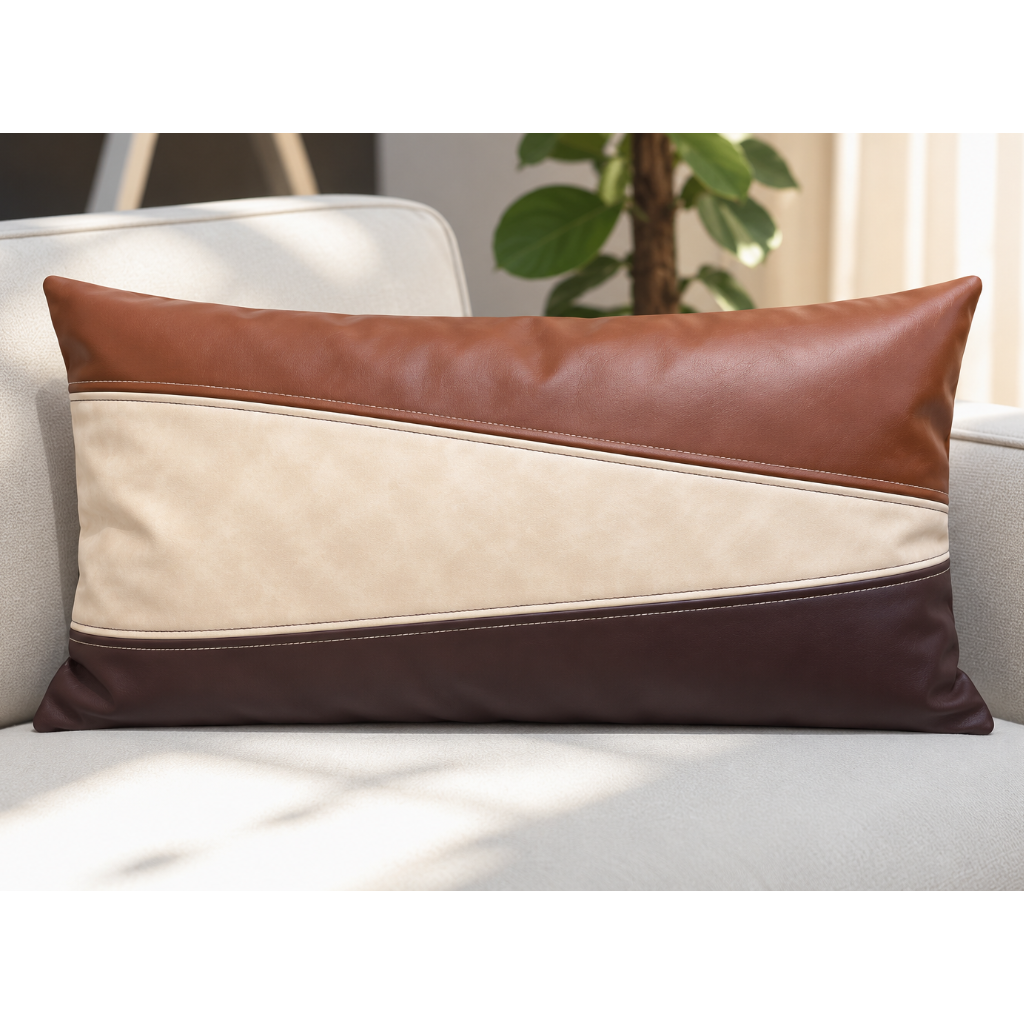 Trio Panel Faux Leather Rectangular Cushion Cover – Brown & Cream