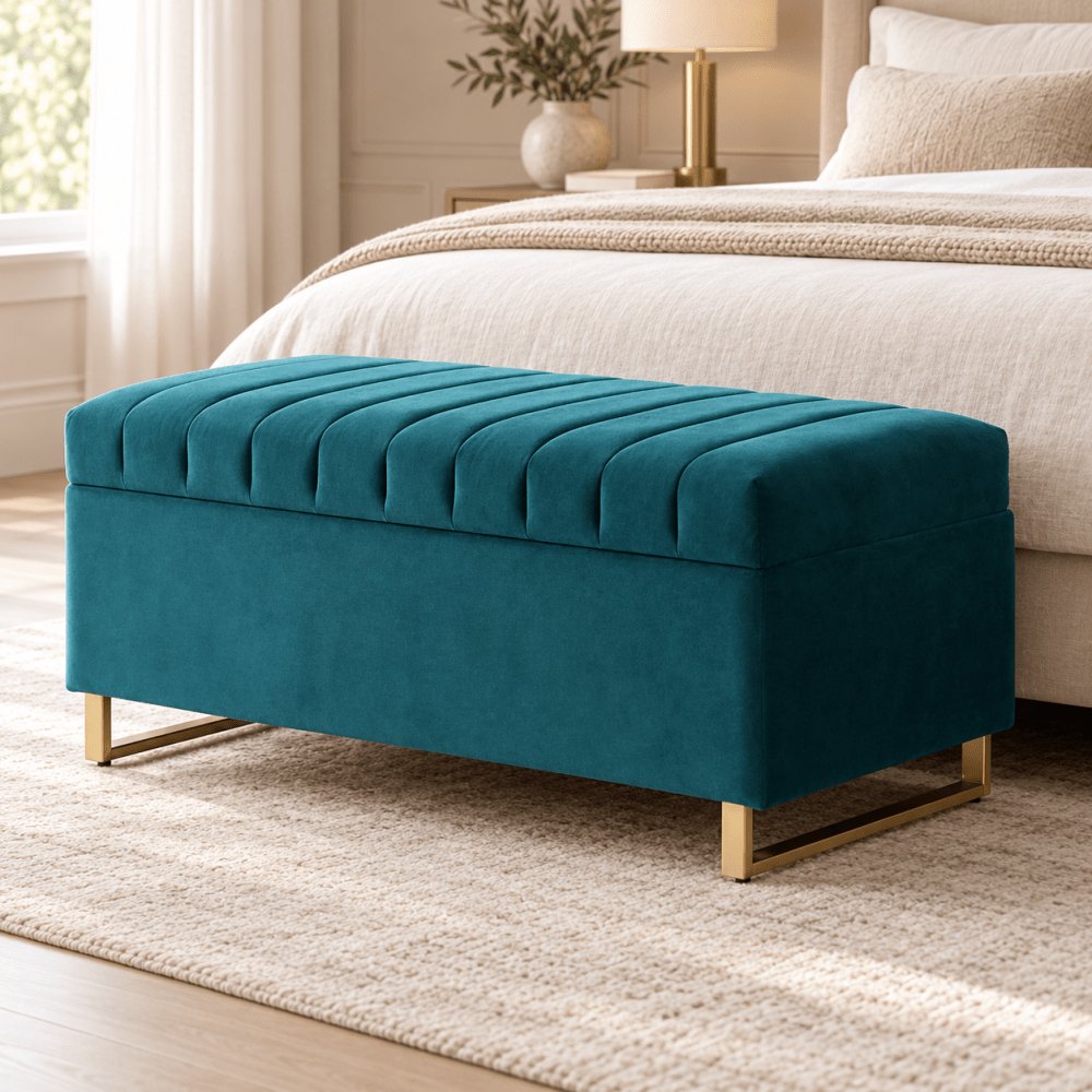 Dark Teal Velvet Ottoman Storage Bench - myhomestore.com.pk