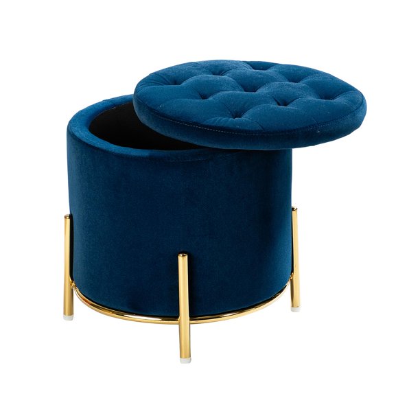 Velvet Round Storage Ottoman with Removable Lid, Gold Metal Legs