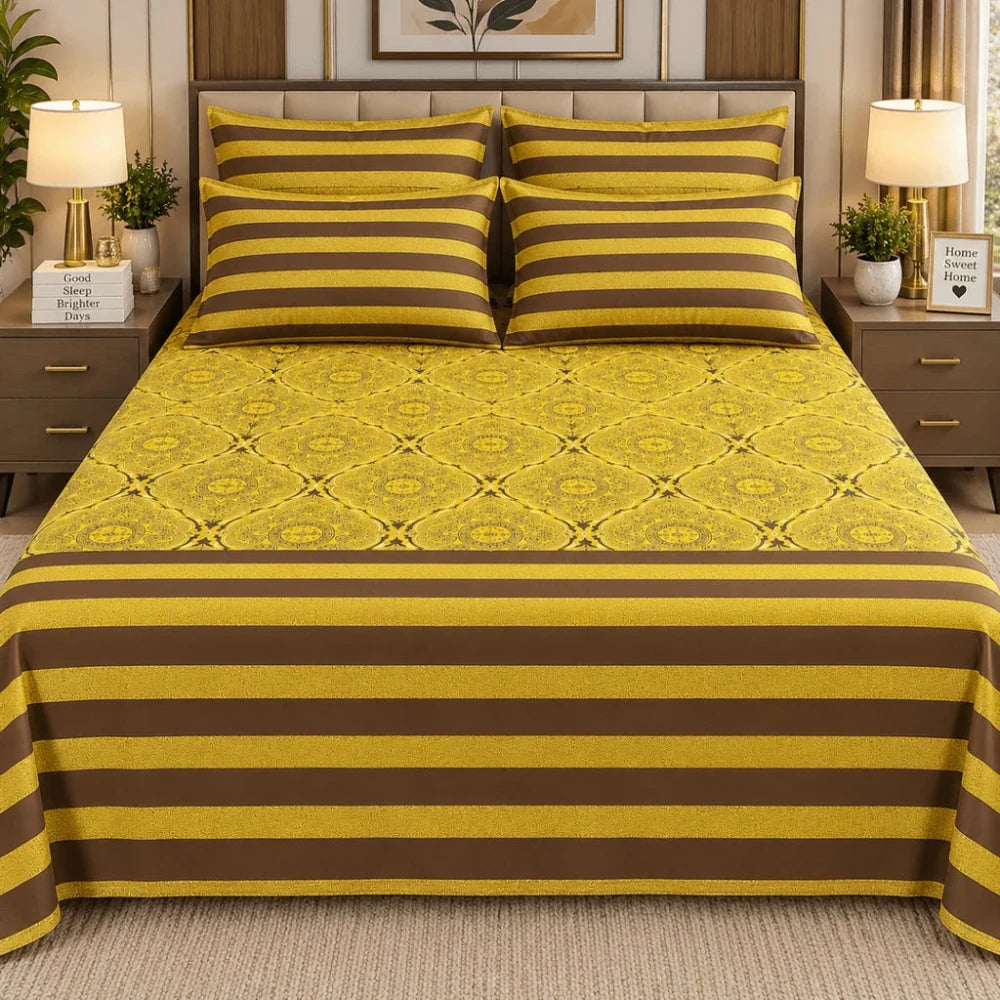 Designer Mustard Yellow Striped 7Pc Bedspread Set - myhomestore.com.pk