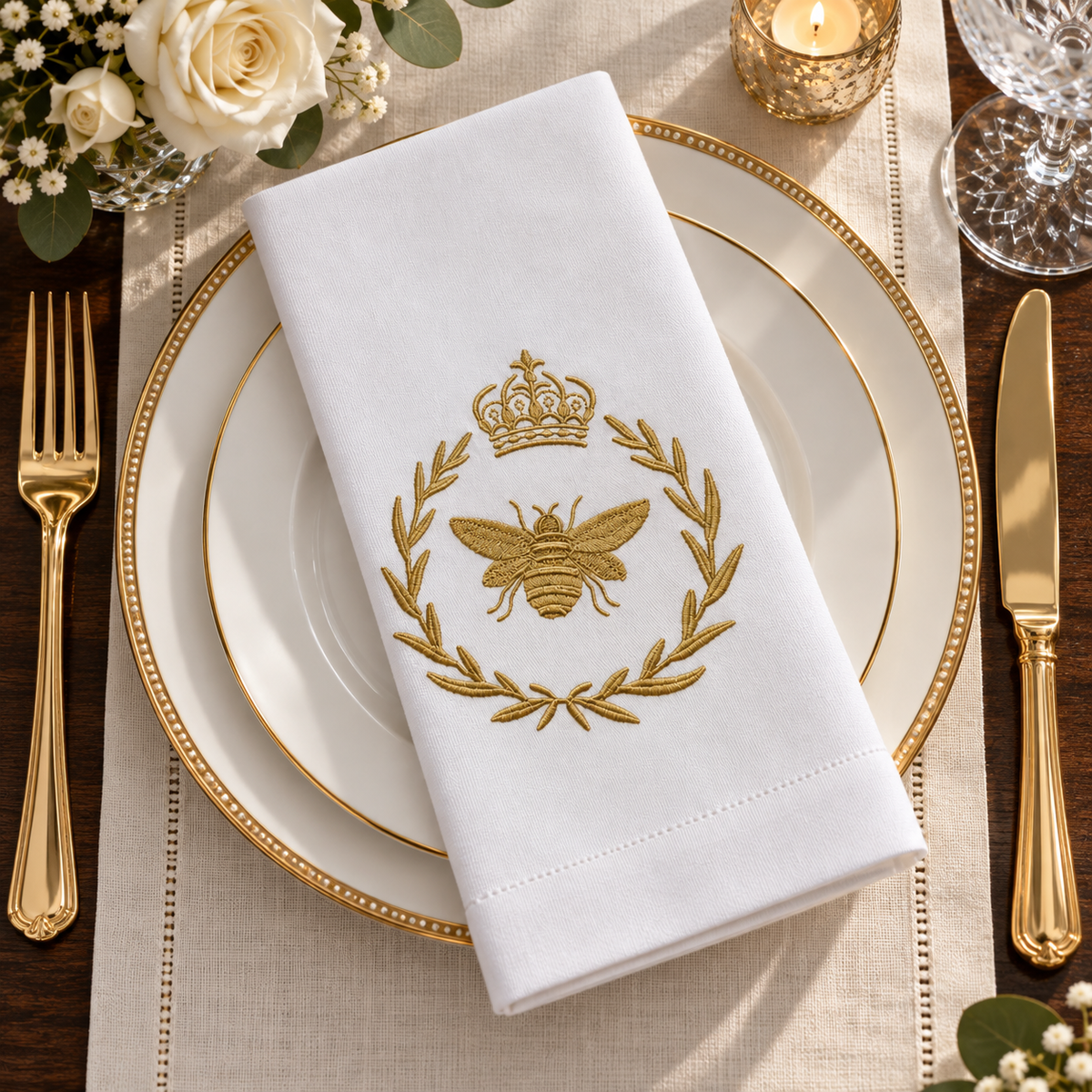 Royal Crown & Bee Embroidered Table Napkin