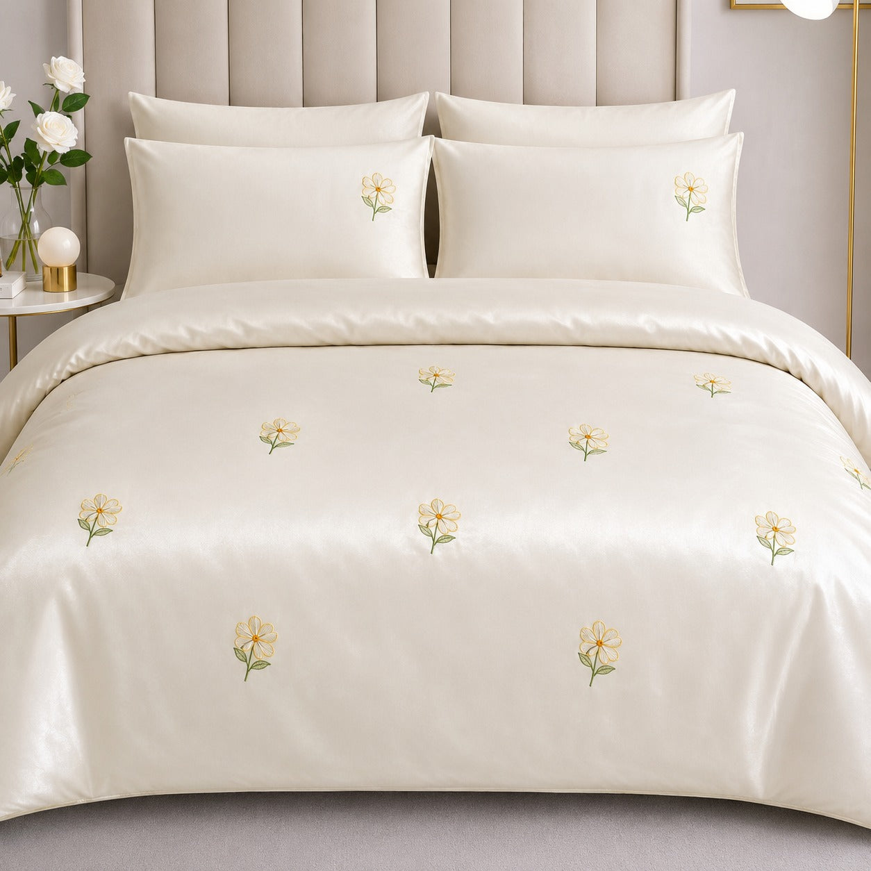 Ivory Daisy Embroidered Bedding Set