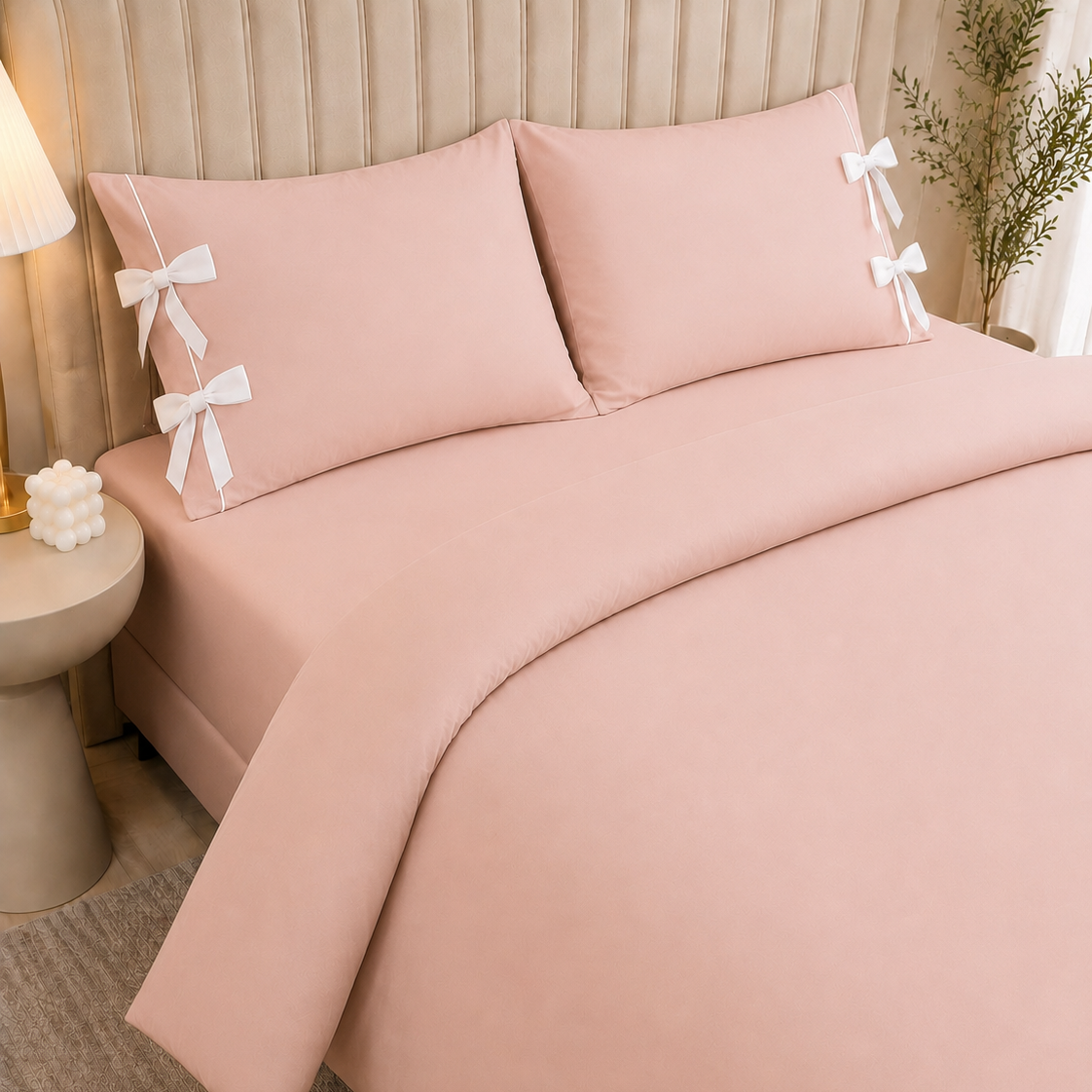Blush Pink Plain Bow Duvet Cover Set with 2 Pillow Covers