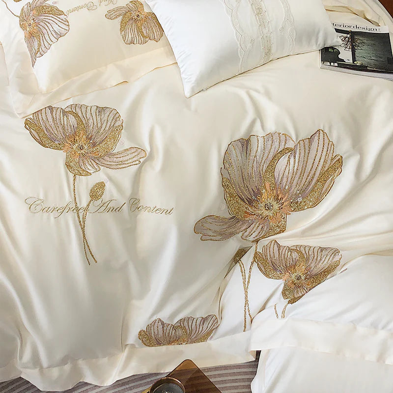 Cotton Satin Flower Embroidery Duvet Set