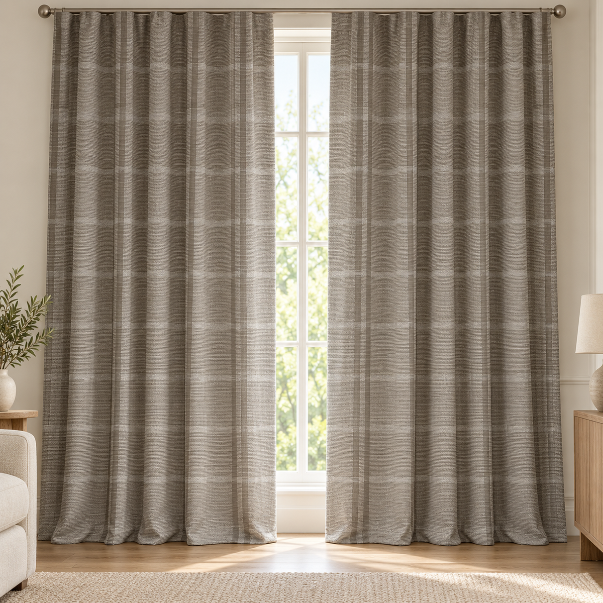 Taupe Grey Striped Duck Fabric Curtains – Pack of 2