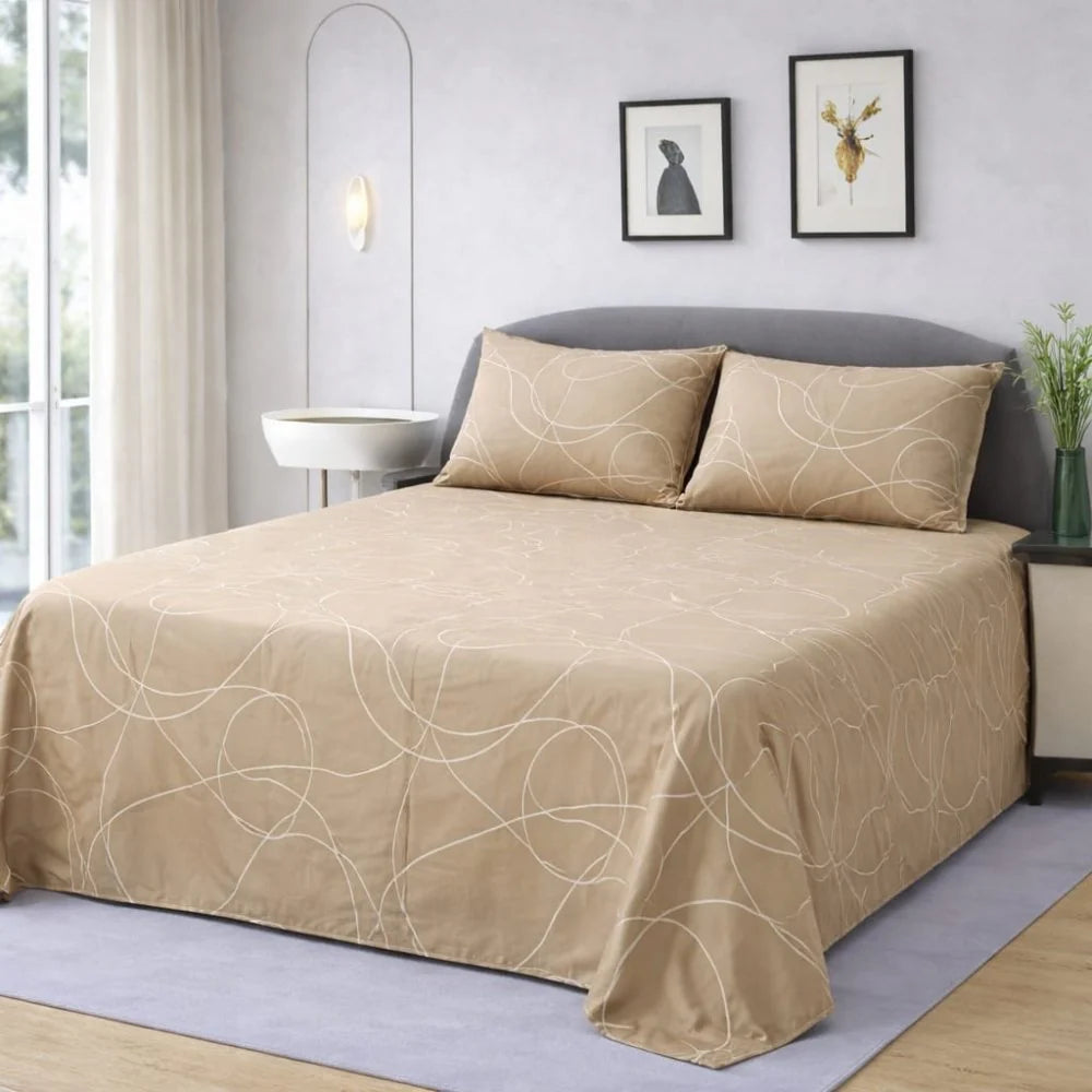 Elegant Beige Abstract Line Print Bedsheet Set (3 pcs)