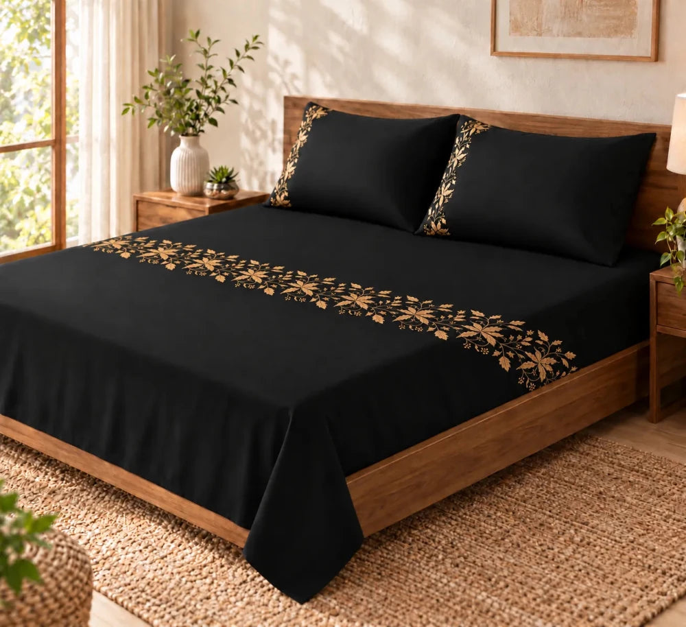 Elegant Black & Gold Floral Embroidery Bedding Set - myhomestore.com.pk