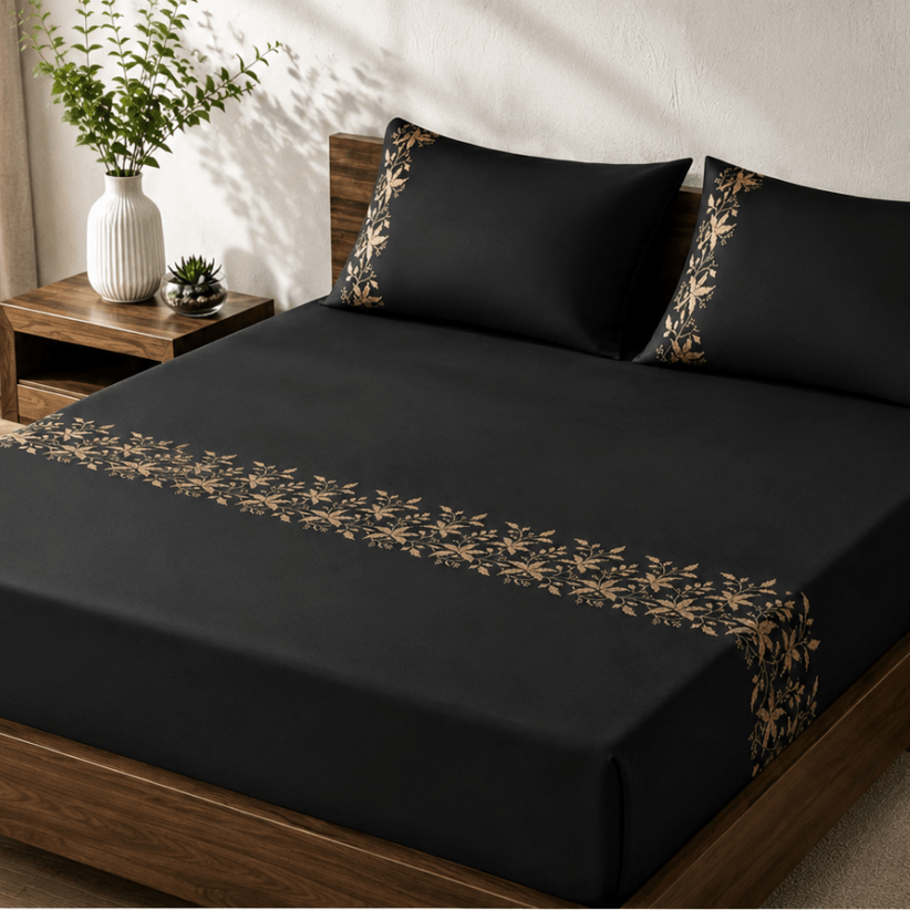 Elegant Black & Gold Floral Embroidery Bedding Set - myhomestore.com.pk