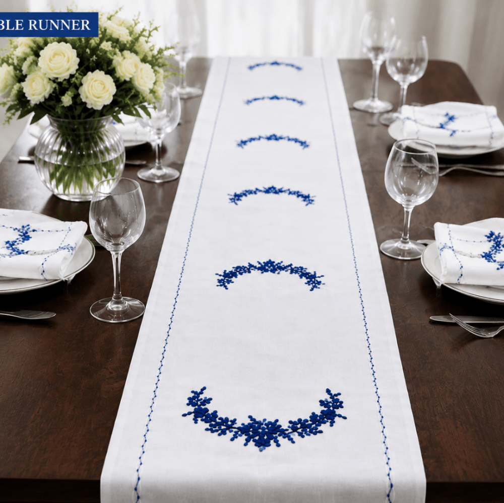 Elegant Blue & White Embroidered Table Linen Set - myhomestore.com.pk
