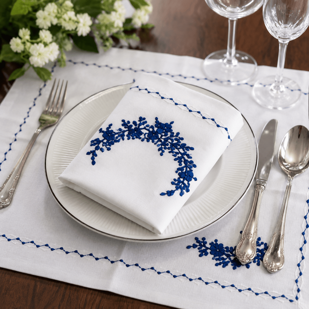 Elegant Blue & White Embroidered Table Linen Set - myhomestore.com.pk