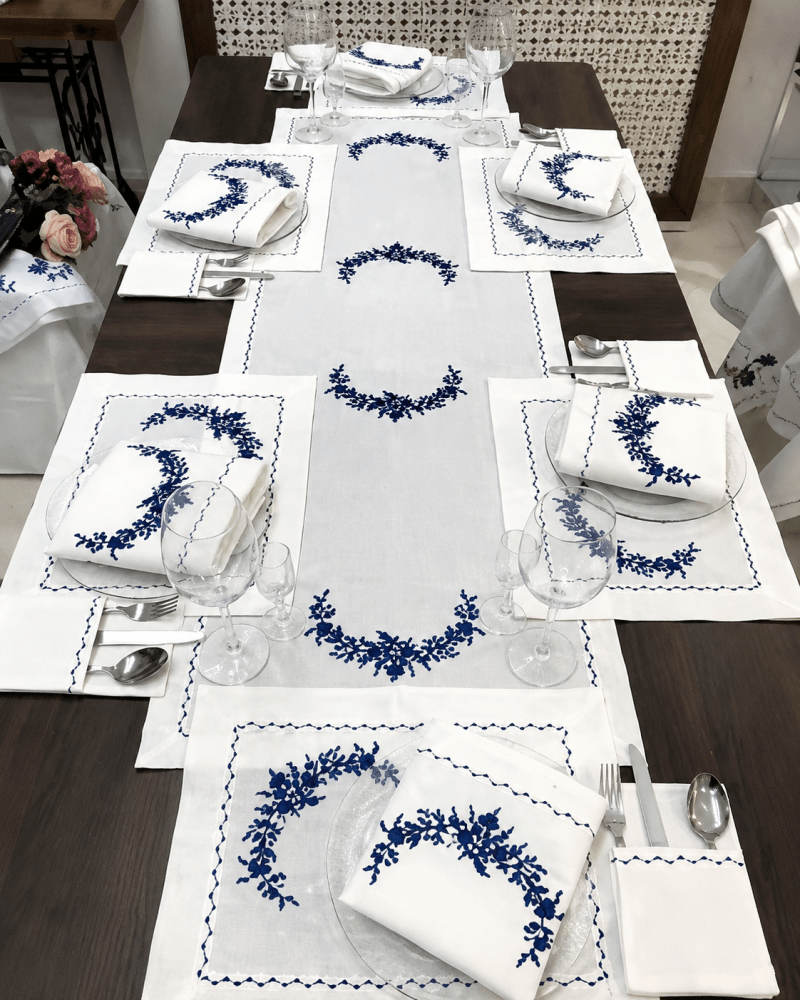 Elegant Blue & White Embroidered Table Linen Set - myhomestore.com.pk