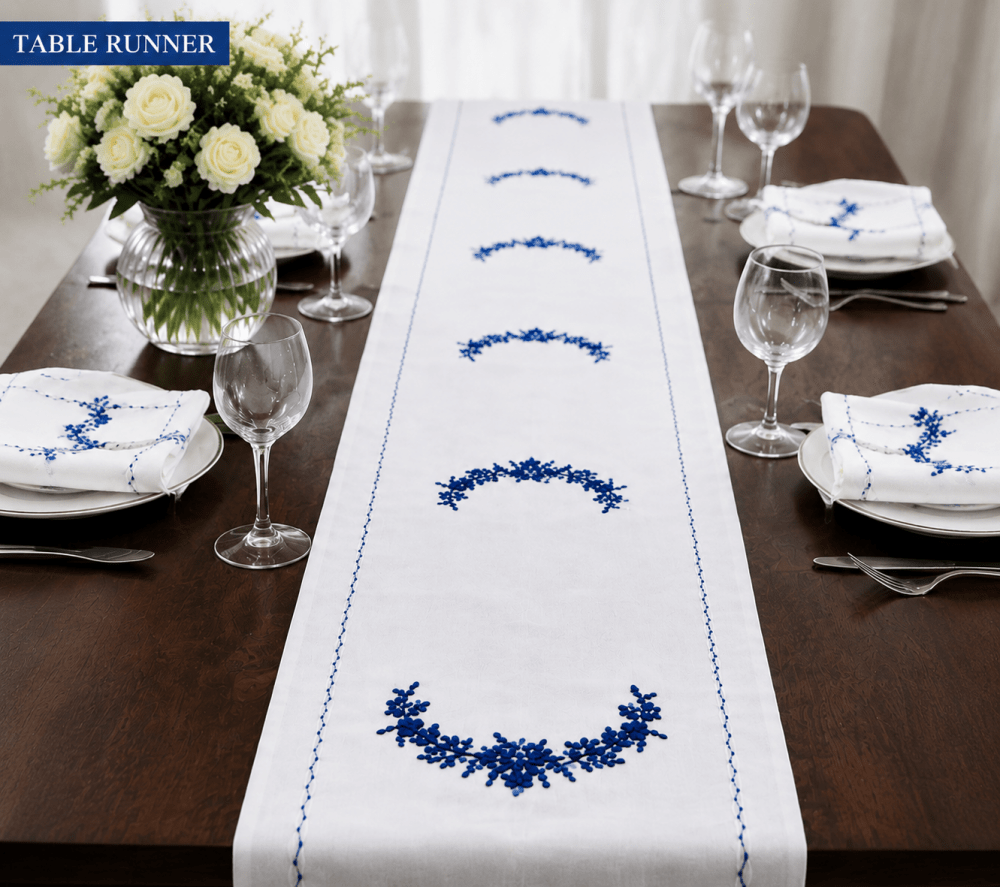 Elegant Blue & White Embroidered Table Linen Set - myhomestore.com.pk