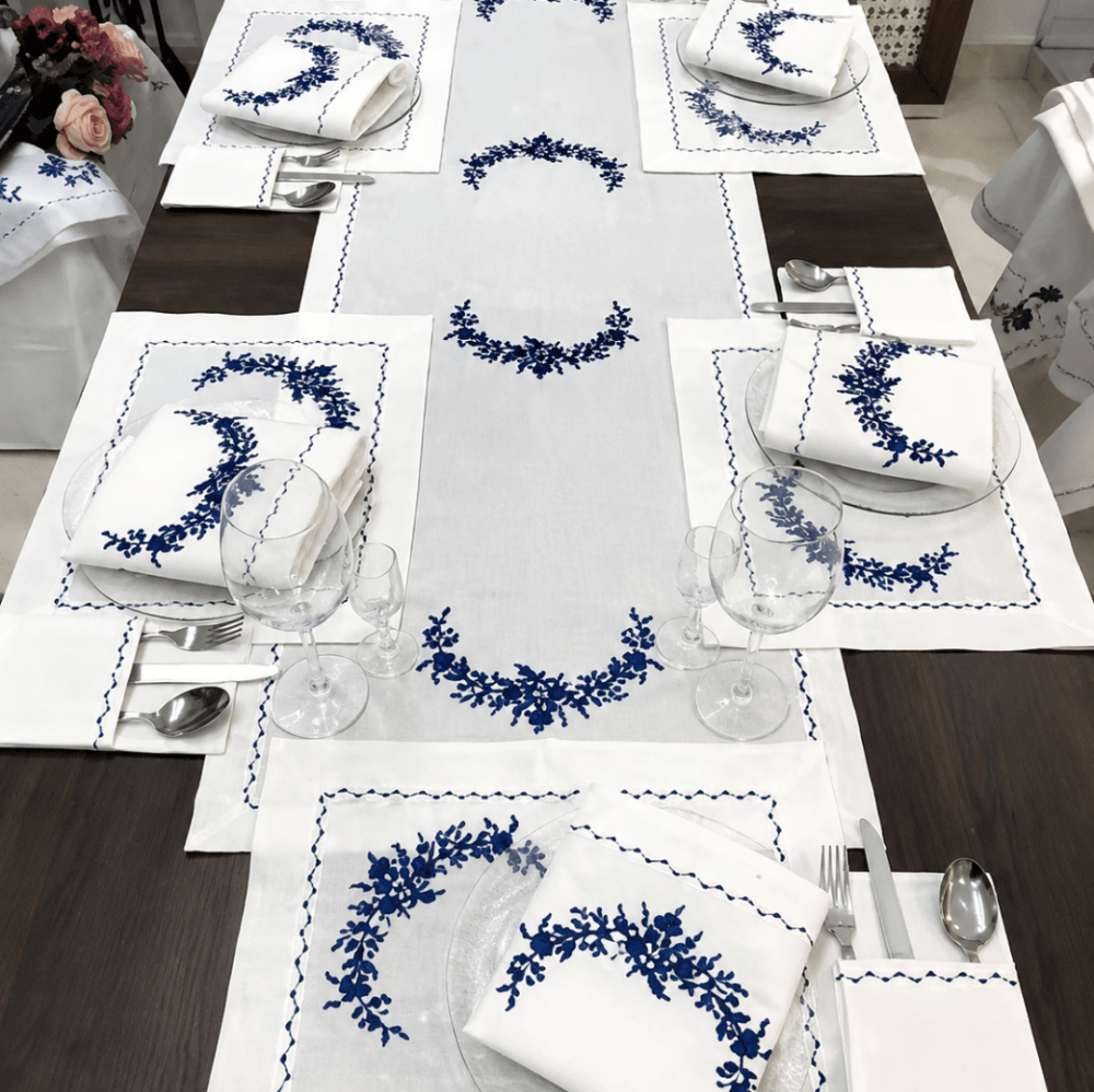 Elegant Blue & White Embroidered Table Linen Set - myhomestore.com.pk