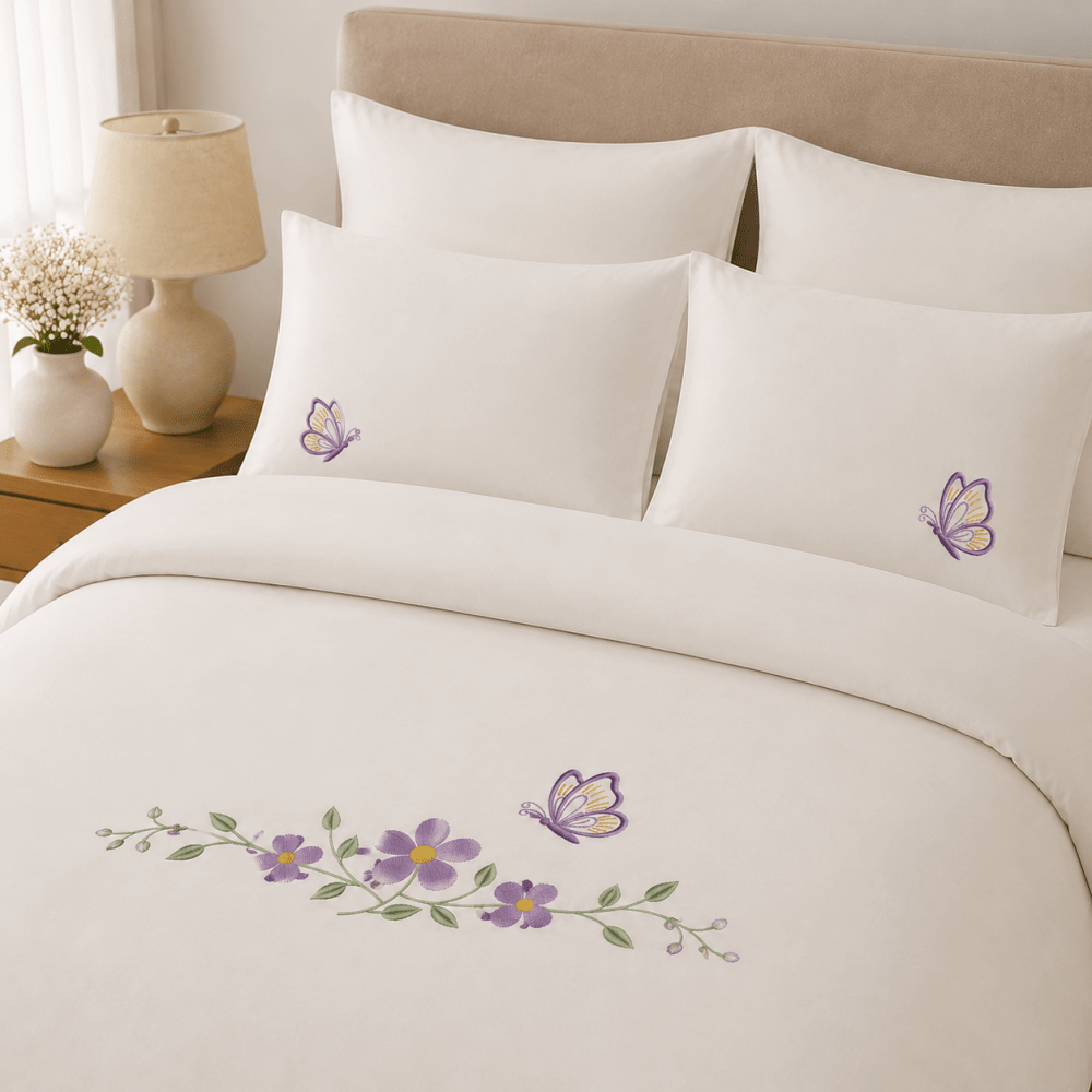 Elegant Cream Floral Butterfly Embroidered Bedding Set - myhomestore.com.pk