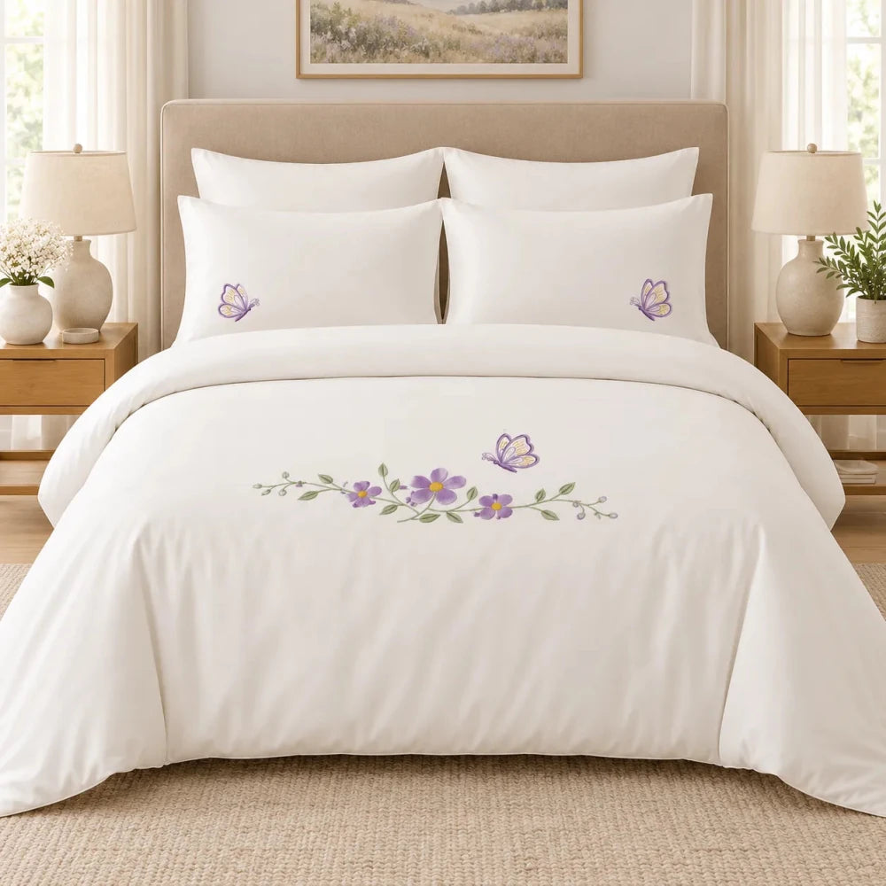 Elegant Cream Floral Butterfly Embroidered Bedding Set - myhomestore.com.pk