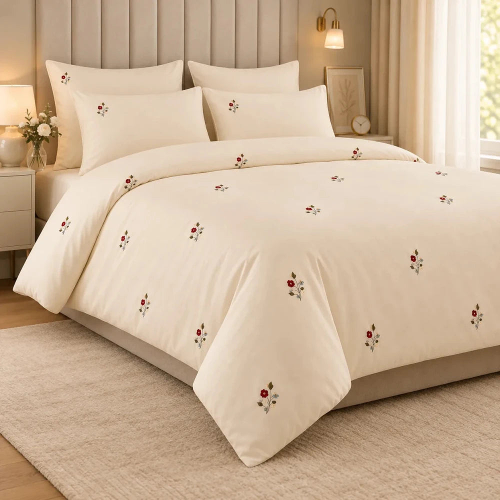 Elegant Cream Floral Embroidered Bedding Set - myhomestore.com.pk