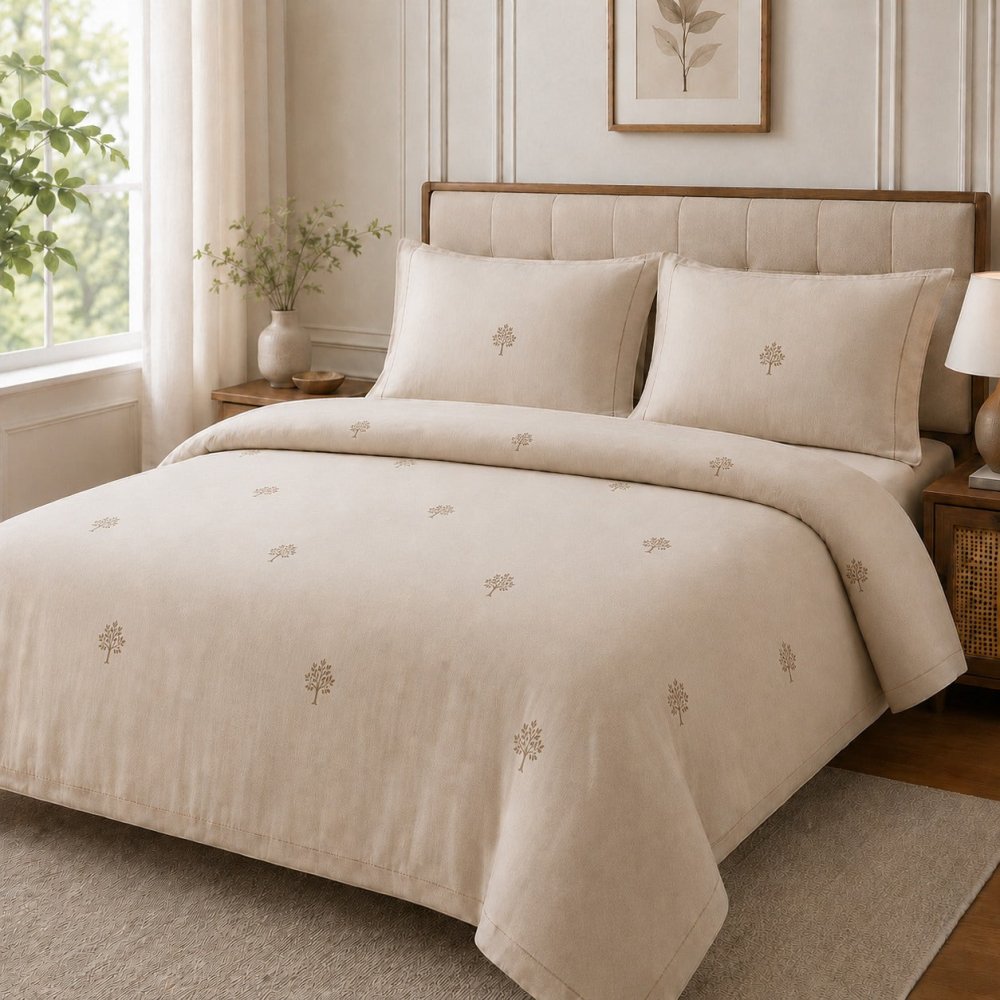 Elegant Cream Tree Embroidered bedding Set - myhomestore.com.pk