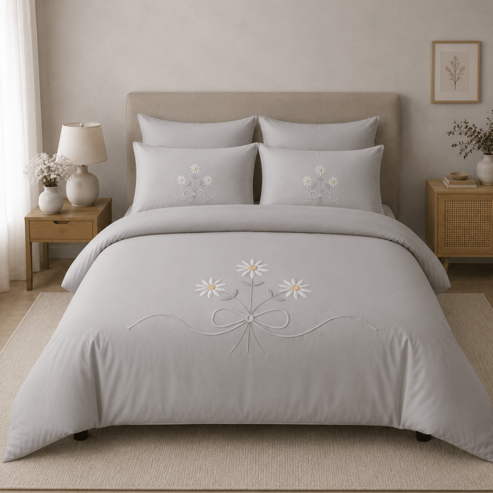 Elegant Grey Daisy Embroidered Bedding Set - myhomestore.com.pk