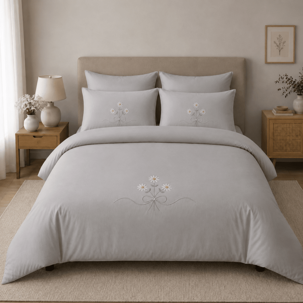 Elegant Grey Daisy Embroidered Bedding Set - myhomestore.com.pk