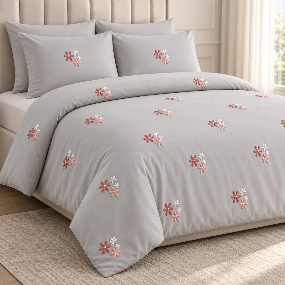 Elegant Grey Floral Embroidery Bedding Set - myhomestore.com.pk