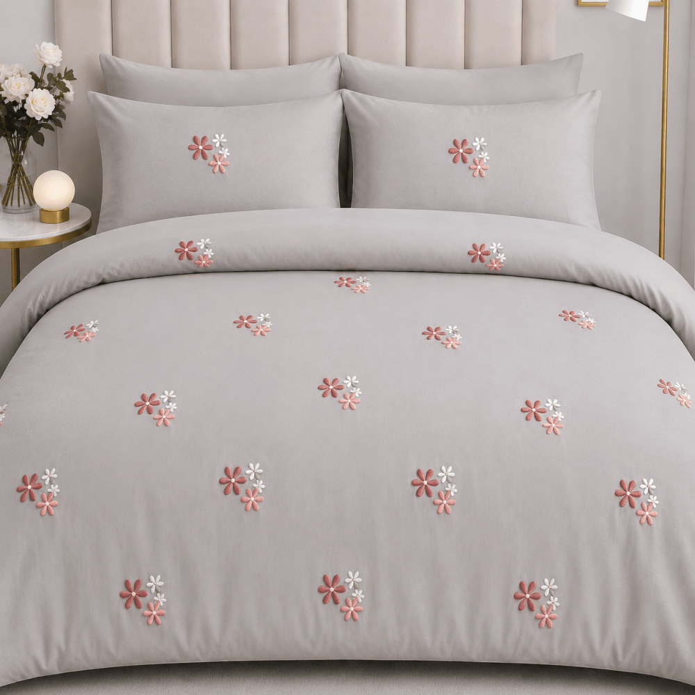 Elegant Grey Floral Embroidery Bedding Set - myhomestore.com.pk