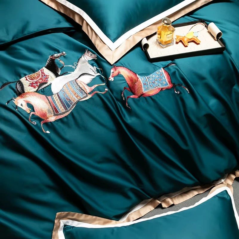 Elegant Horse Motif Embroidery Duvet Set - myhomestore.com.pk