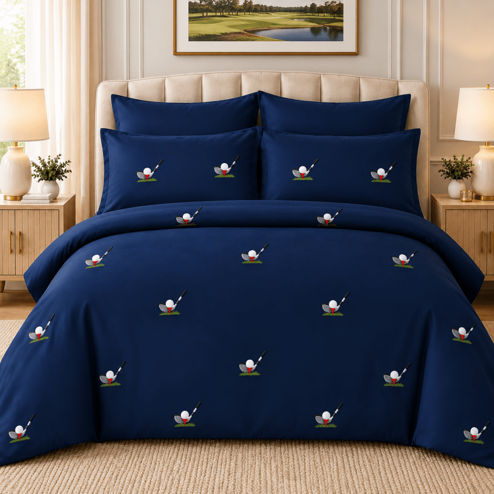 Elegant Navy Blue Golf Embroidered Bedding Set - myhomestore.com.pk