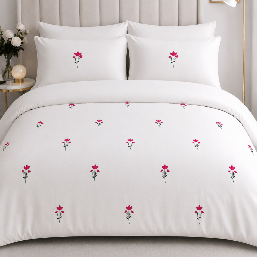 Elegant Pink Tulip Embroidery Bedding Set - myhomestore.com.pk