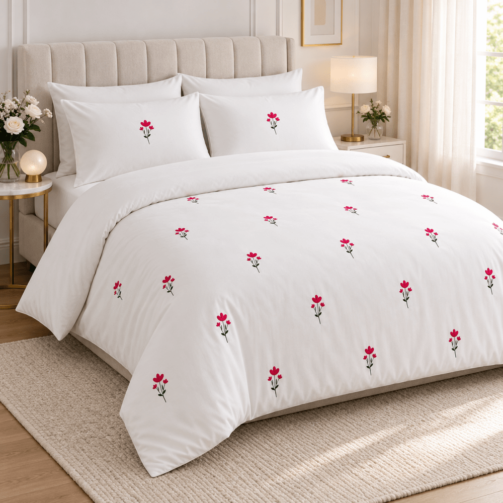 Elegant Pink Tulip Embroidery Bedding Set - myhomestore.com.pk