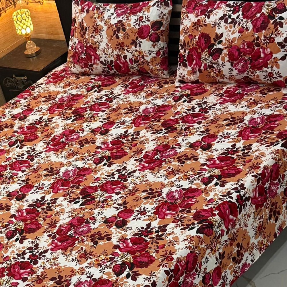 Elegant Red Flower Print Bedsheet – King Size - myhomestore.com.pk