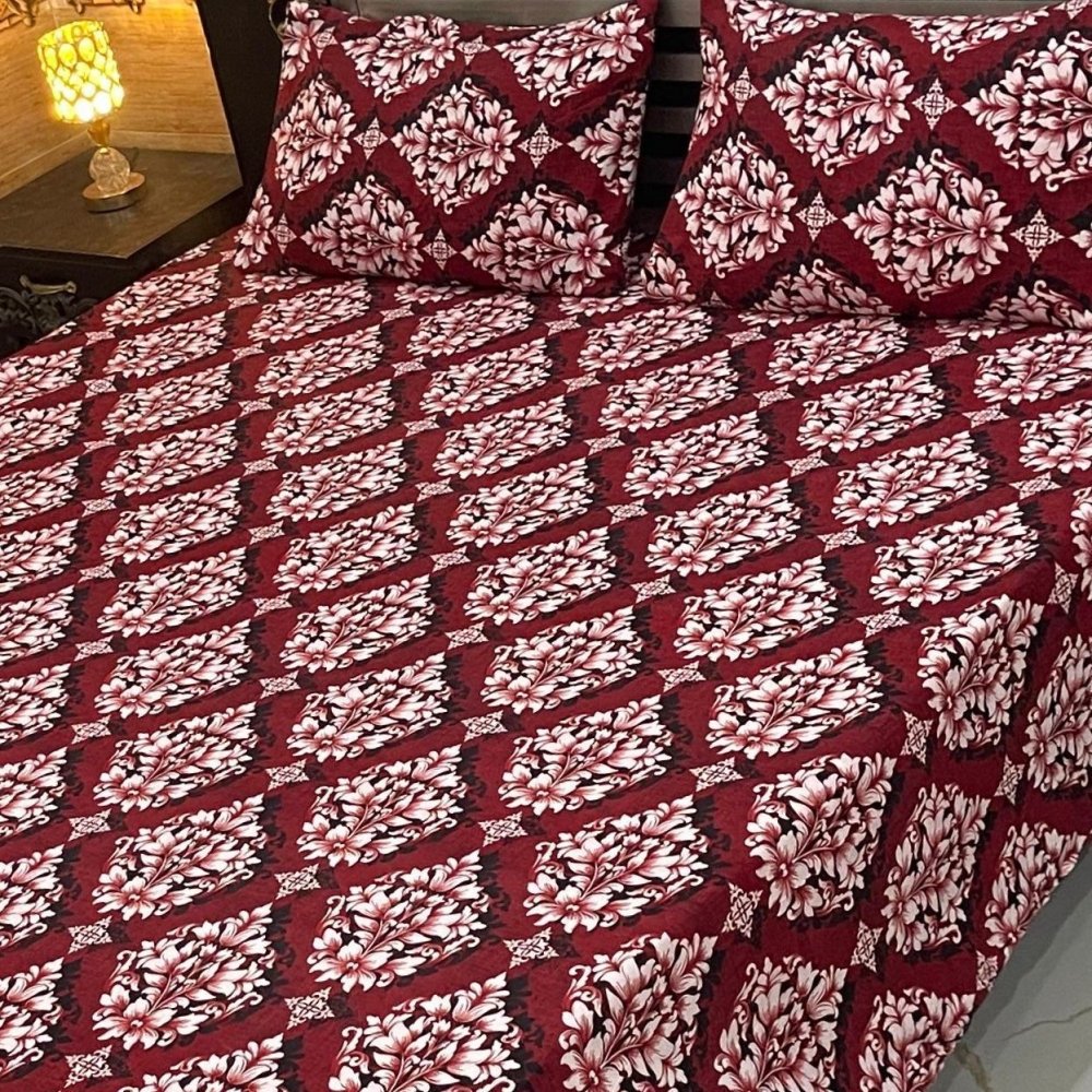 Elegant Red Leaf Pattern Print Bedsheet – King Size - myhomestore.com.pk