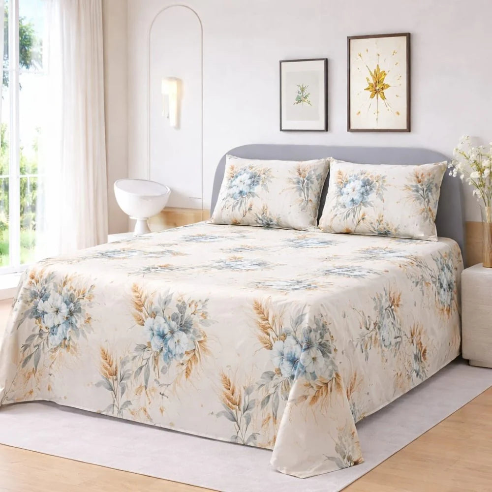 Elegant White & Blue Floral Printed Bedsheet Set (3pcs)