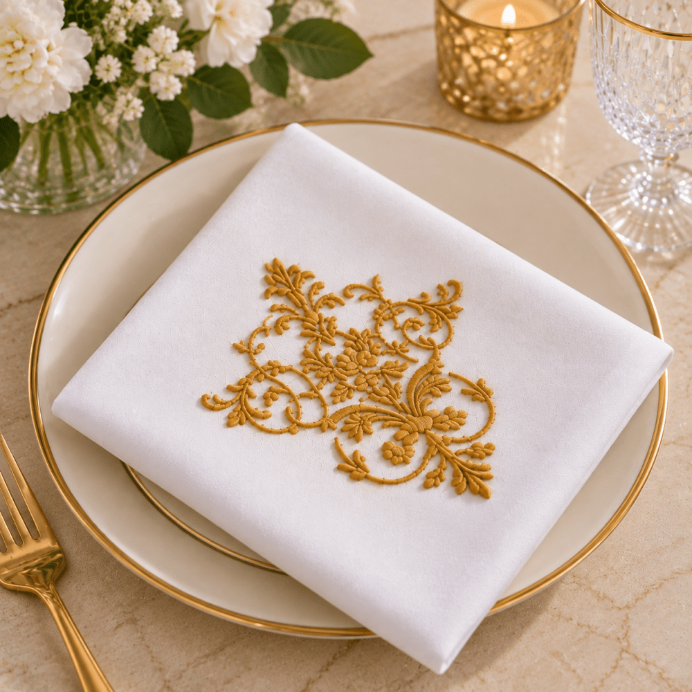 Elegant White Cotton Napkins with Gold Floral Embroidery - myhomestore.com.pk