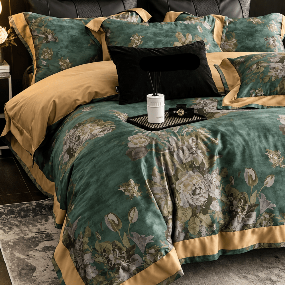 Emerald Bloom Luxury Duvet Set – Elegant Green Floral Bedding Set - myhomestore.com.pk