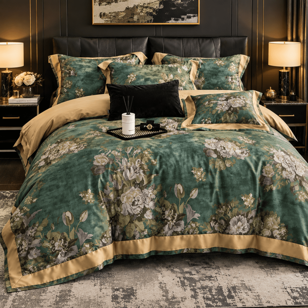 Emerald Bloom Luxury Duvet Set – Elegant Green Floral Bedding Set - myhomestore.com.pk
