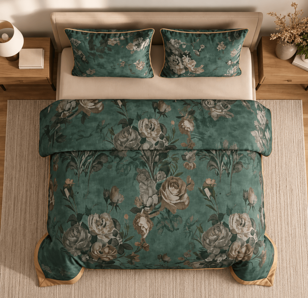 Emerald Bloom Luxury Duvet Set – Elegant Green Floral Bedding Set - myhomestore.com.pk