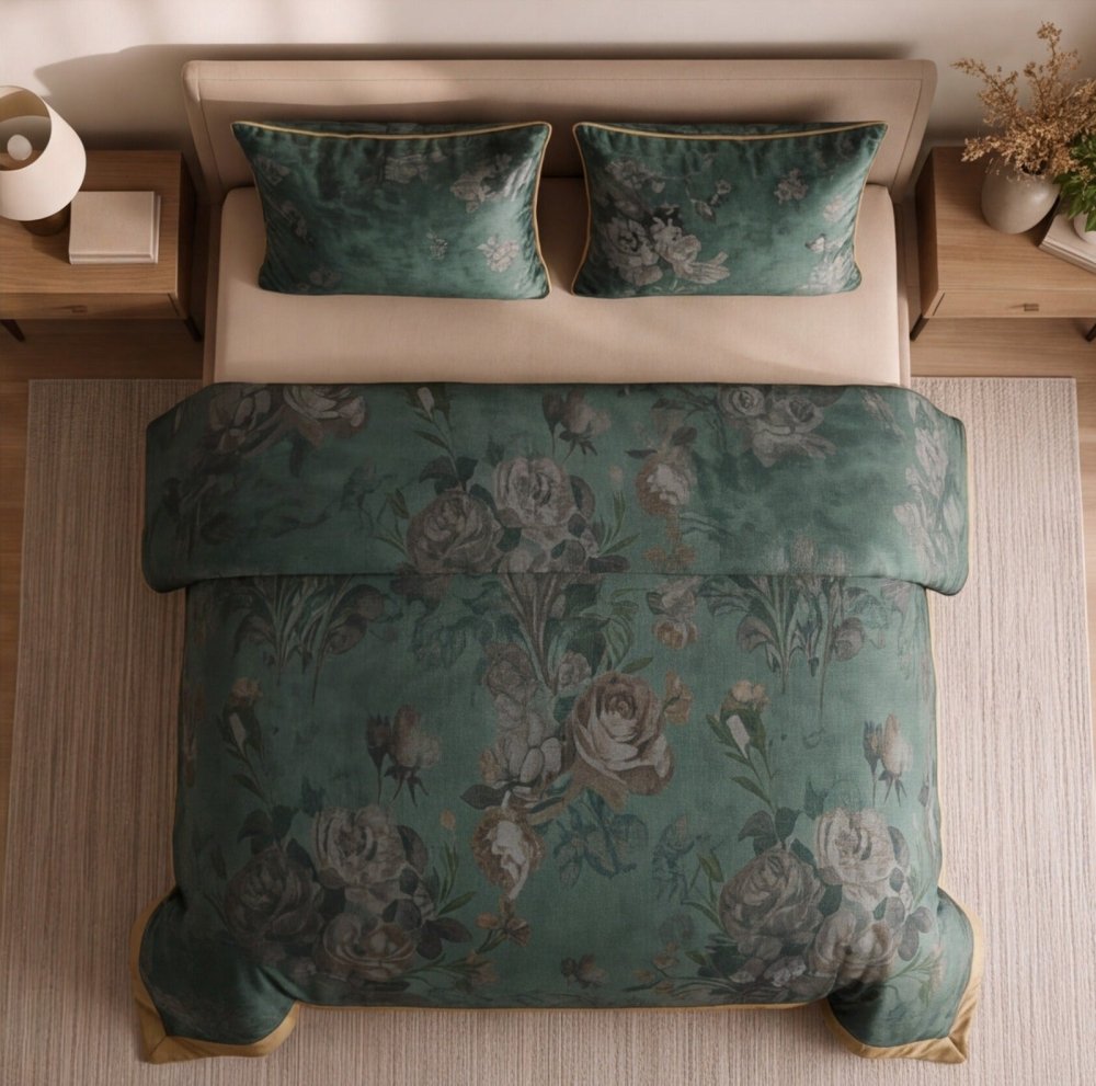 Emerald Bloom Luxury Duvet Set – Elegant Green Floral Bedding Set - myhomestore.com.pk
