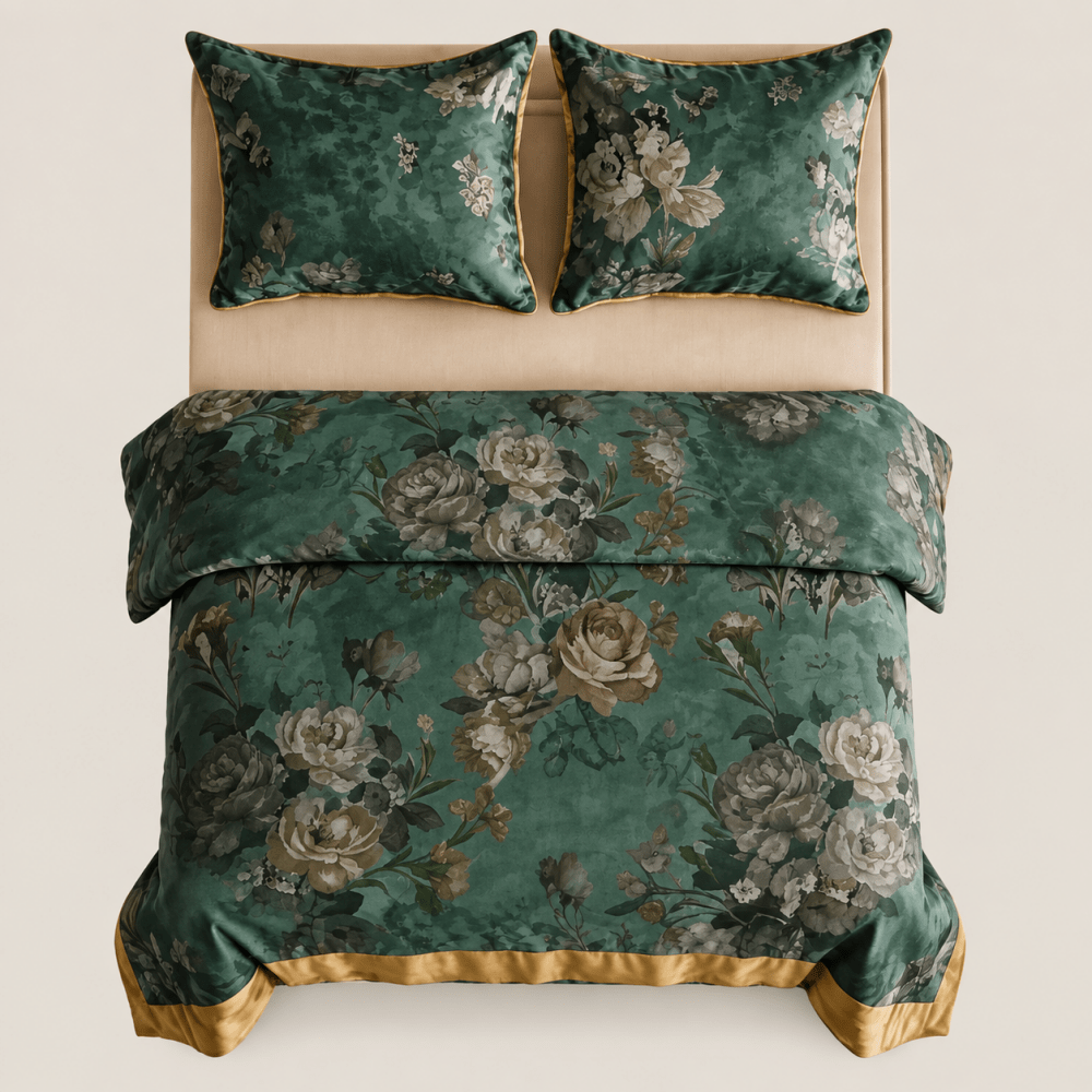 Emerald Bloom Luxury Duvet Set – Elegant Green Floral Bedding Set - myhomestore.com.pk