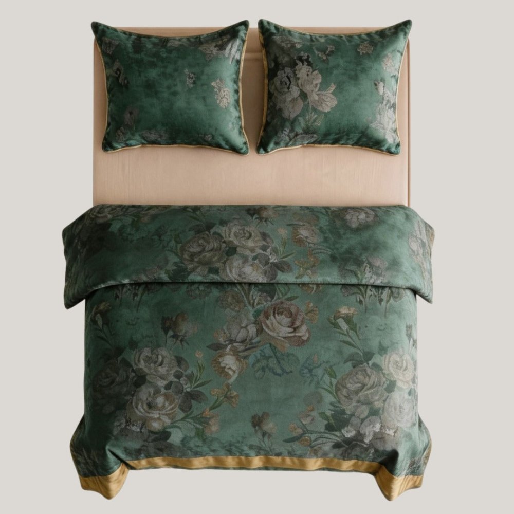 Emerald Bloom Luxury Duvet Set – Elegant Green Floral Bedding Set - myhomestore.com.pk