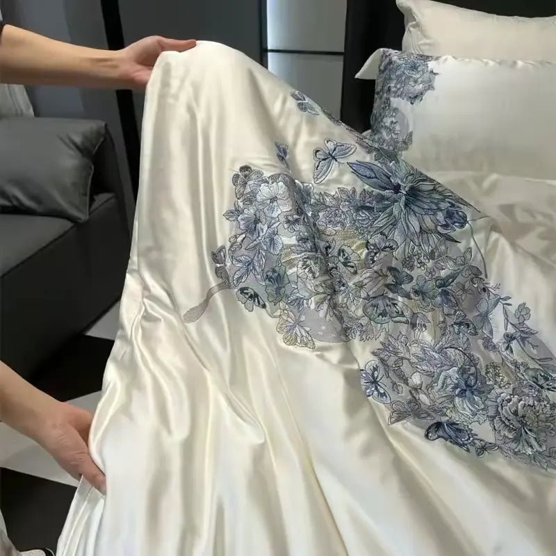 Enchanted Blue Floral Butterfly Embroidery Duvet Set | Classic Embroidery Elegance - myhomestore.com.pk