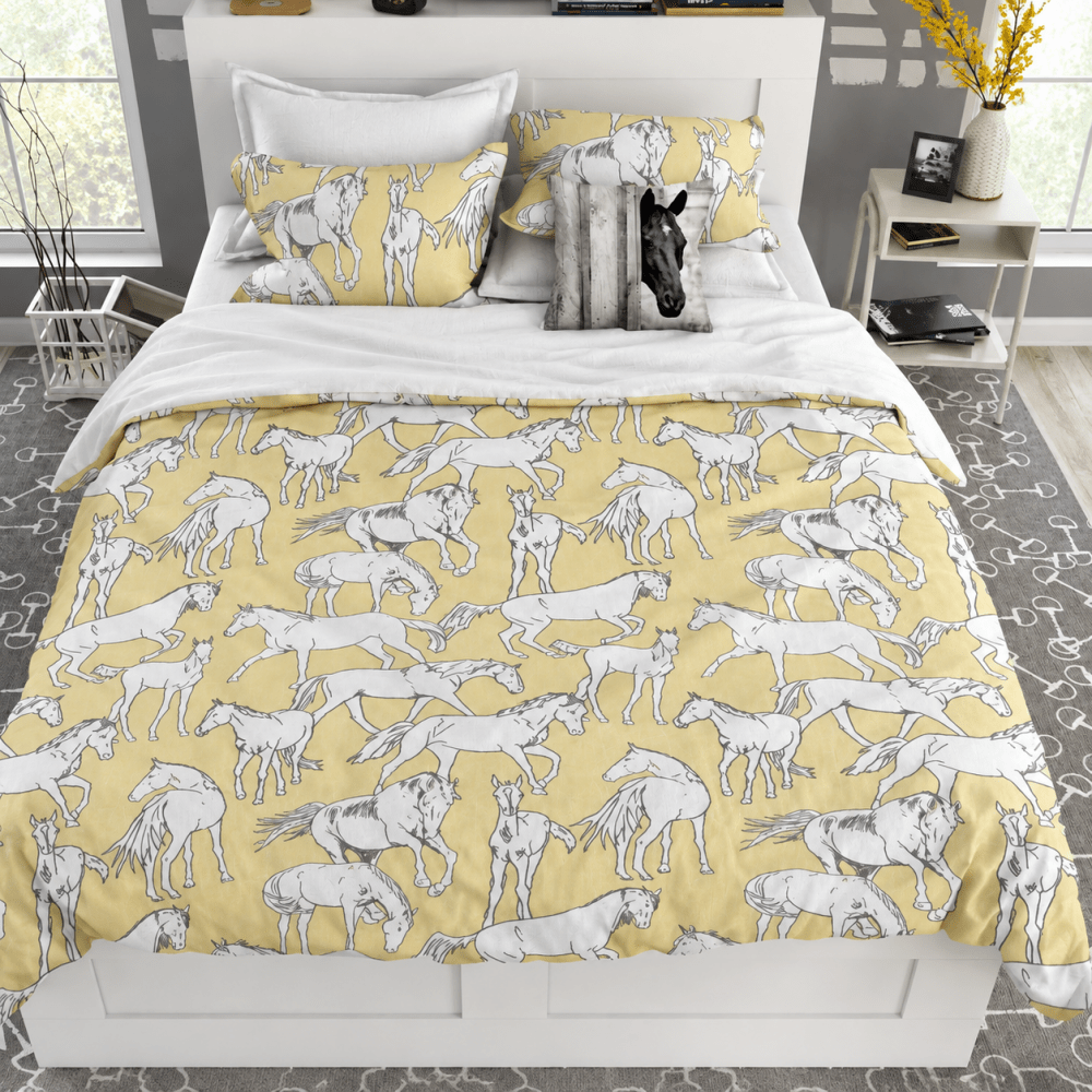 Equestrian Themed Horse Bedding Set – Artistic Yellow Horse Duvet Covers - myhomestore.com.pk