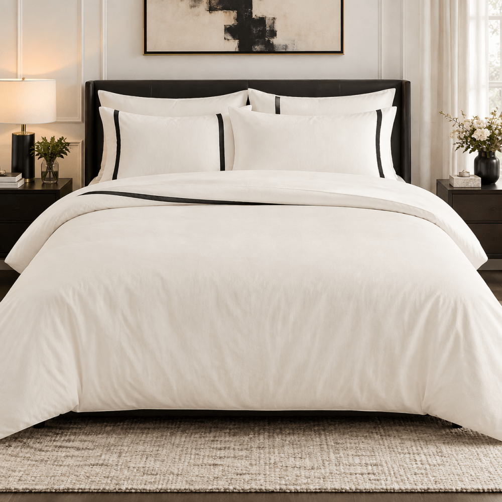 European White with Black Ribbon Duvet Set - myhomestore.com.pk