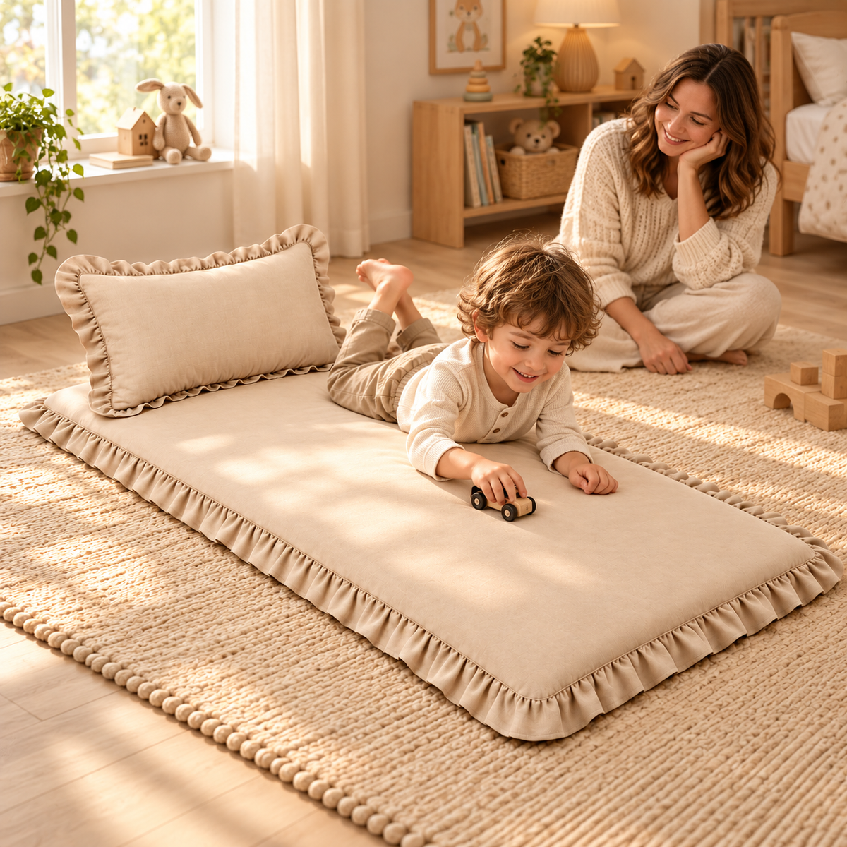 Luxury Ruffled Floor Mattress with Pillow
