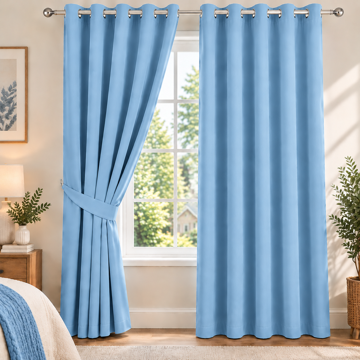 Plain Dyed Eyelet Curtain with Lining (Sky-Blue) – Pack of 2