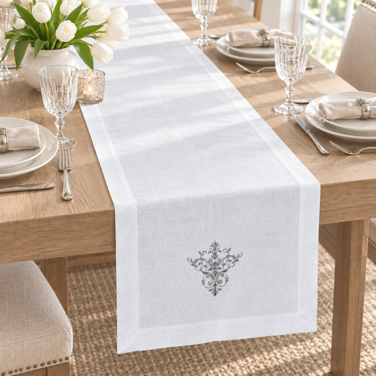 Classic Embroidered Cotton Table Runner
